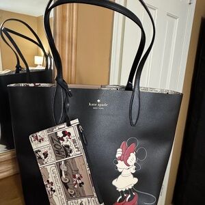 kate spade black leather tote with Minnie Mouse graphic and comic-print pouch
